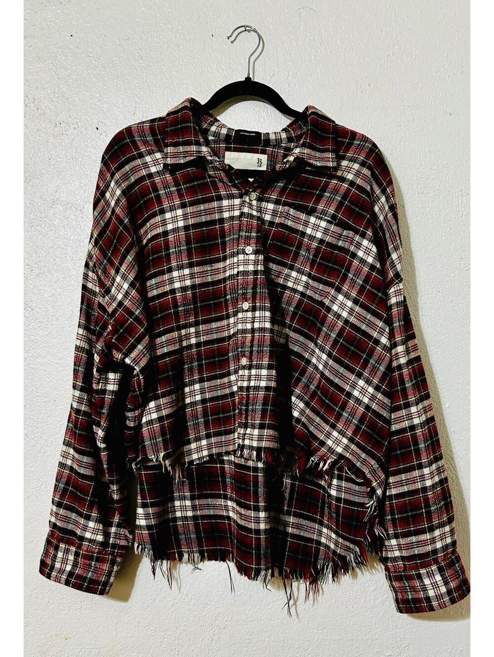 R13 Red Plaid Oversized Cropped Flannel Shirt Shredded Raw Hem Japanese Fabric S